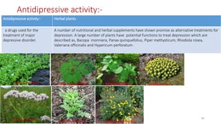Antidipressive activity:-
Antidipressive activity:- Herbal plants
a drugs used for the
treatment of major
depressive disorder.
A number of nutritional and herbal supplements have shown promise as alternative treatments for
depression. A large number of plants have potential functions to treat depression which are
described as, Bacopa monniera, Panax quinquefolius, Piper methysticum, Rhodiola rosea,
Valeriana officinalis and Hypericum perforatum .
29/5/2014 PBT-510 Biosafety,IPR and Bioetics {2+0} 98
Bacopa monniera Panax quinquefolius Piper methysticum Rhodiola rosea
Valeriana officinalis Valeriana officinalis hypericum perforatum
 