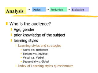 Who is the audience? Age, gender prior knowledge of the subject  learning styles Learning styles and strategies Active v.s. Reflective Sensing v.s Intuitive Visual v.s. Verbal Sequential v.s. Global Index of Learning styles questionnaire Analysis Design Production Evaluation 