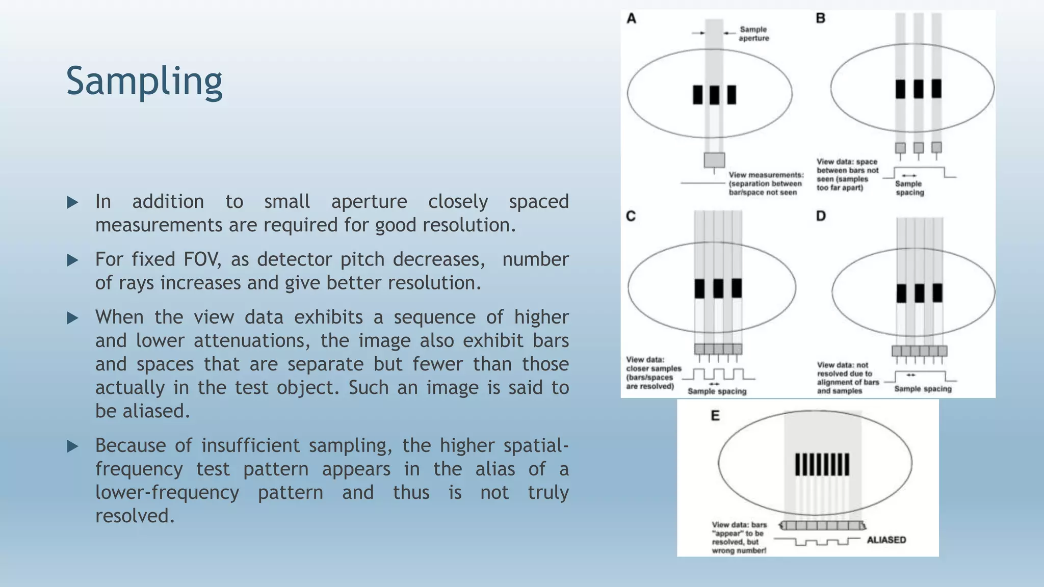 Sampling
 In addition to small aperture closely spaced
measurements are required for good resolution.
 For fixed FOV, as detector pitch decreases, number
of rays increases and give better resolution.
 When the view data exhibits a sequence of higher
and lower attenuations, the image also exhibit bars
and spaces that are separate but fewer than those
actually in the test object. Such an image is said to
be aliased.
 Because of insufficient sampling, the higher spatial-
frequency test pattern appears in the alias of a
lower-frequency pattern and thus is not truly
resolved.
 