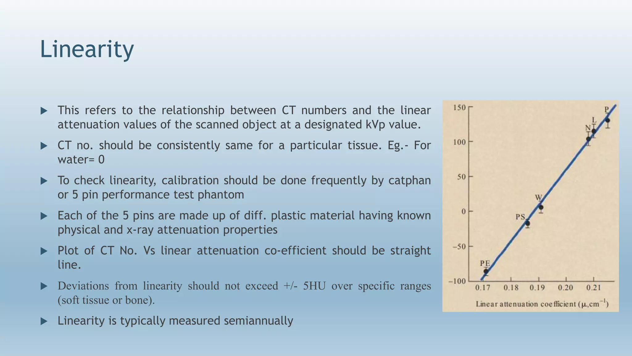 Linearity
 This refers to the relationship between CT numbers and the linear
attenuation values of the scanned object at a designated kVp value.
 CT no. should be consistently same for a particular tissue. Eg.- For
water= 0
 To check linearity, calibration should be done frequently by catphan
or 5 pin performance test phantom
 Each of the 5 pins are made up of diff. plastic material having known
physical and x-ray attenuation properties
 Plot of CT No. Vs linear attenuation co-efficient should be straight
line.
 Deviations from linearity should not exceed +/- 5HU over specific ranges
(soft tissue or bone).
 Linearity is typically measured semiannually
 