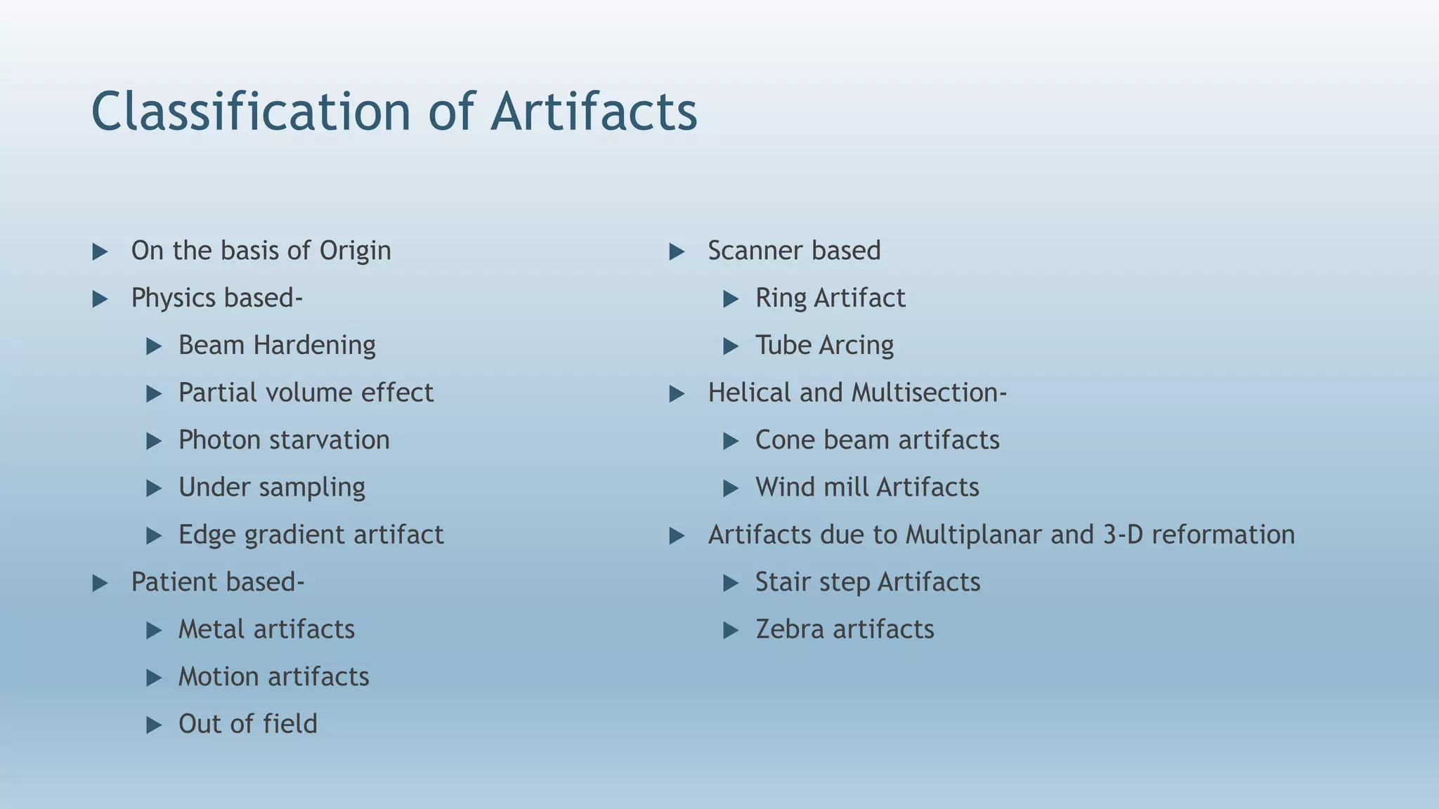 Classification of Artifacts
 On the basis of Origin
 Physics based-
 Beam Hardening
 Partial volume effect
 Photon starvation
 Under sampling
 Edge gradient artifact
 Patient based-
 Metal artifacts
 Motion artifacts
 Out of field
 Scanner based
 Ring Artifact
 Tube Arcing
 Helical and Multisection-
 Cone beam artifacts
 Wind mill Artifacts
 Artifacts due to Multiplanar and 3-D reformation
 Stair step Artifacts
 Zebra artifacts
 