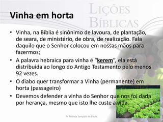 Vinha em horta
• Vinha, na Bíblia é sinônimo de lavoura, de plantação,
  de seara, de ministério, de obra, de realização. Fala
  daquilo que o Senhor colocou em nossas mãos para
  fazermos;
• A palavra hebraica para vinha é “kerem”, ela está
  distribuída ao longo do Antigo Testamento pelo menos
  92 vezes.
• O diabo quer transformar a Vinha (permanente) em
  horta (passageiro)
• Devemos defender a vinha do Senhor que nos foi dada
  por herança, mesmo que isto lhe custe a vida.

                     Pr. Moisés Sampaio de Paula      29
 
