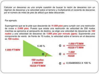 Calcular un descenso es una simple cuestión de buscar la razón de descenso con un
régimen de descenso y la velocidad sobre el terreno y multiplicando el cociente de descenso
por el número de miles de pies de altitud que debe descender.


Por ejemplo:

Supongamos que se le pide que descienda de 11.000 pies para cumplir con una restricción
de cruce a 3.000 pies. Puesto que existe una restricción de velocidad de 200 nudos
mientras se aproxima al aeropuerto de destino, se elige una velocidad de descenso de 190
nudos y una velocidad de descenso de 1.000 pies por minuto (ppm). Suponiendo una
componente de viento de frente de 10 nudos, la velocidad sobre el terreno en el descenso
es 180 nudos.

                                                                1.000 FT/MIN
                                 5.48 %                α =     18228 FT/MIN
1.000 FT/MIN
                                                                1.000
                                     α                 α =     18228
                          180 nudos
                           3 NM/MIN                    α =    0,054860653 X 100 %
                         18228 FT/MIN
 