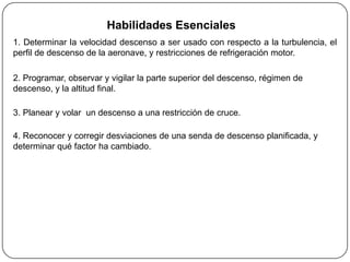 Habilidades Esenciales
1. Determinar la velocidad descenso a ser usado con respecto a la turbulencia, el
perfil de descenso de la aeronave, y restricciones de refrigeración motor.

2. Programar, observar y vigilar la parte superior del descenso, régimen de
descenso, y la altitud final.

3. Planear y volar un descenso a una restricción de cruce.

4. Reconocer y corregir desviaciones de una senda de descenso planificada, y
determinar qué factor ha cambiado.
 