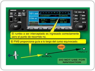 El rumbo a ser interceptado es ingresado correctamente
pero el punto de recorrido no.
El FMS proporciona guía a lo largo del curso equivocado.
 
