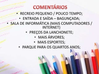 • RECREIO PEQUENO / POUCO TEMPO;
• ENTRADA E SAÍDA – BAGUNÇADA;
• SALA DE INFORMÁTICA (MAIS COMPUTADORES /
INTERNET)
• PREÇOS DA LANCHONETE;
• MAIS ÁRVORES;
• MAIS ESPORTES;
• PARQUE PARA OS QUARTOS ANOS;
 