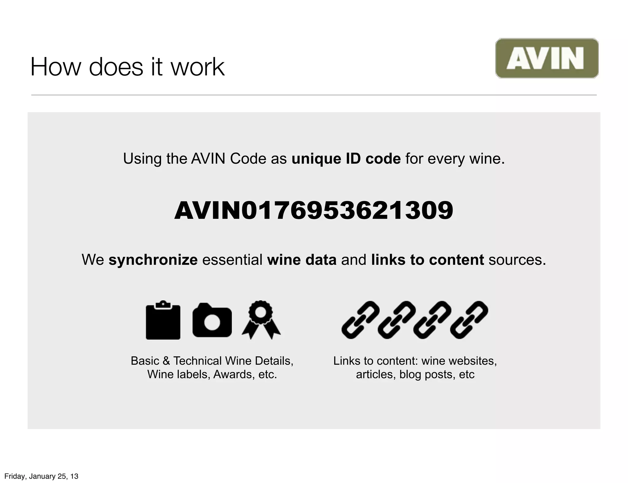 How does it work


                              Using the AVIN Code as unique ID code for every wine.


                                       AVIN0176953621309
                         We synchronize essential wine data and links to content sources.




                               Basic & Technical Wine Details,   Links to content: wine websites,
                                 Wine labels, Awards, etc.           articles, blog posts, etc




Friday, January 25, 13
 