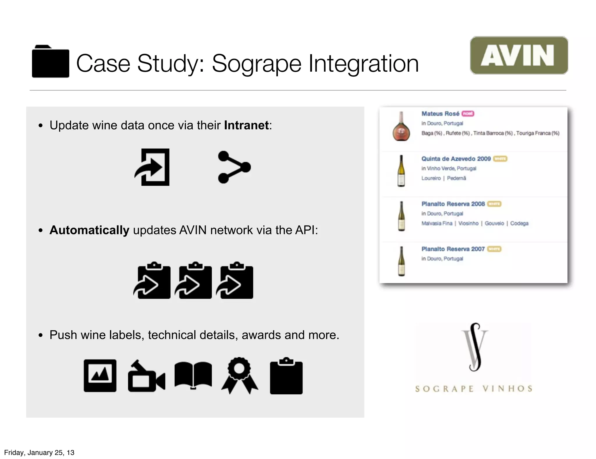 Case Study: Sogrape Integration

          • Update wine data once via their Intranet:




          • Automatically updates AVIN network via the API:




          • Push wine labels, technical details, awards and more.




Friday, January 25, 13
 