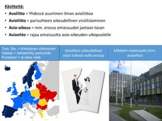 Käsitteitä:
• Avoliitto = Yhdessä asuminen ilman avioliittoa
• Avioliitto = parisuhteen oikeudellinen virallistaminen
• Avio-oikeus = mm. erossa omaisuudet jaetaan tasan
• Avioehto = rajaa omaisuutta avio-oikeuden ulkopuolelle
Avioliiton oikeudelliset
edut tulevat esille erossa
Tum. Sin. = Kirkollinen vihkiminen
Vaalea = rekisteröity parisuhde
Punainen = ei lakia vielä
Mikkelin maistraatti (mm.
avioehto)
 