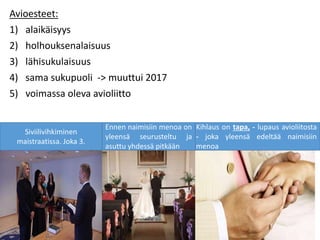 Avioesteet:
1) alaikäisyys
2) holhouksenalaisuus
3) lähisukulaisuus
4) sama sukupuoli -> muuttui 2017
5) voimassa oleva avioliitto
Siviilivihkiminen
maistraatissa. Joka 3.
Kihlaus on tapa, - lupaus avioliitosta
- joka yleensä edeltää naimisiin
menoa
Ennen naimisiin menoa on
yleensä seurusteltu ja
asuttu yhdessä pitkään
 