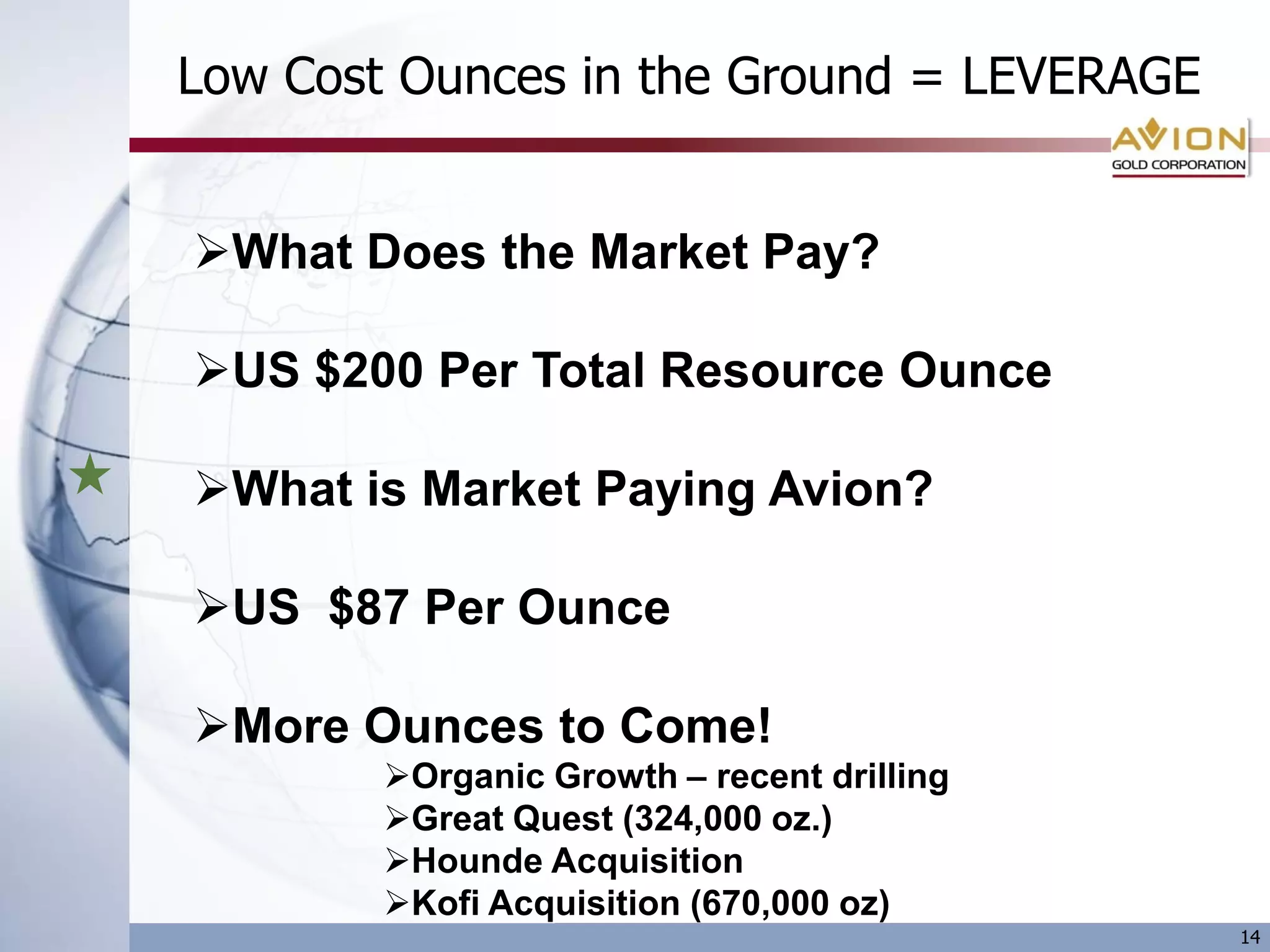 Low Cost Ounces in the Ground = LEVERAGE


What Does the Market Pay?

US $200 Per Total Resource Ounce

What is Market Paying Avion?

US $87 Per Ounce

More Ounces to Come!
        Organic Growth – recent drilling
        Great Quest (324,000 oz.)
        Hounde Acquisition
        Kofi Acquisition (670,000 oz)
                                            14
 