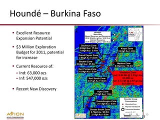 Houndé – Burkina Faso
 Excellent Resource
  Expansion Potential
 $3 Million Exploration
  Budget for 2011, potential
  for increase
 Current Resource of:
   Ind: 63,000 ozs
   Inf: 547,000 ozs


 Recent New Discovery




                                          20
                               TSX: AVR
 