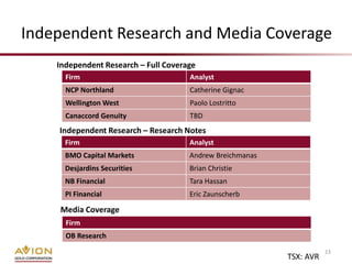 Independent Research and Media Coverage
    Independent Research – Full Coverage
      Firm                            Analyst
      NCP Northland                   Catherine Gignac
      Wellington West                 Paolo Lostritto
      Canaccord Genuity               TBD
    Independent Research – Research Notes
      Firm                            Analyst
      BMO Capital Markets             Andrew Breichmanas
      Desjardins Securities           Brian Christie
      NB Financial                    Tara Hassan
      PI Financial                    Eric Zaunscherb

    Media Coverage
      Firm
      OB Research
                                                                      23
                                                           TSX: AVR
 