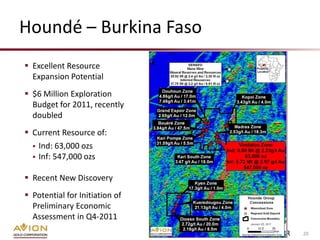 Houndé – Burkina Faso
 Excellent Resource
  Expansion Potential
 $6 Million Exploration
  Budget for 2011, recently
  doubled
 Current Resource of:
   Ind: 63,000 ozs
   Inf: 547,000 ozs


 Recent New Discovery
 Potential for Initiation of
  Preliminary Economic
  Assessment in Q4-2011
                                TSX: AVR   20
 