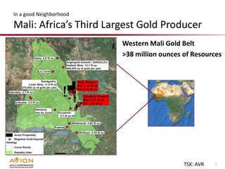 In a good Neighborhood

Mali: Africa’s Third Largest Gold Producer
                         Western Mali Gold Belt
                         >38 million ounces of Resources




                                            TSX: AVR   7
 