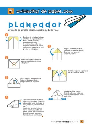 Doblá por la mitad y a lo largo 
una hoja de papel carta o A4. 
Marcá bien el pliegue y 
despues desplegalo. 
A continuación, doblá las 
esquinas siguiendo las lineas 
de puntos, tratando de ser muy 
preciso en este paso. 
1 
Este último pliegue es el más 
importante de todos. En ambos 
lados, doblá hacia abajo por la 
línea punteada para formar las 
alas. 
Hacelo por la mitad y con la 
mayor exactitud posible. Si 
querés, podés marcarlo con un 
lápiz para mayor precisión. 
¡Felicitaciones, terminaste! 
7 
Hacele un pequeño pliegue a 
la punta, trazalo bien y volvela 
a desplegar. 
Ahora plegá la punta amarilla 
hacia arriba siguiendo el 
pliegue hecho en el paso 3. 
5 
2 
Plegá la punta hacia atrás 
siguiendo la línea de puntos. 
Otra vez, con la mayor 
precisión posible. 
4 
Doblá las esquinas superiores 
por las líneas de puntos. 
6 
Doblá el avión al medio, 
dejando a la vista todos los 
pliegues hechos en los pasos 
anteriores. 
planeador 
Avioncito de sencillo plegar, papelito de bello volar. 
www.avioncitosdepapel.com 
! 
3 
avioncitos de papel.com 
 