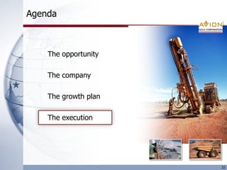 Agenda



    The opportunity

    The company

    The growth plan

    The execution




                      22
 