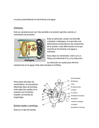 un pocoy transmitiendo el movimiento a la aguja.



Diafragma.

Este se caracteriza por ser más sensible a la presión ejercida, siendo un
manómetro de precisión.

                                       Este en particular, posee una laminilla
                                       ondulada o diafragma, el cual sufre una
                                       deformación producida por las variaciones
                                       de la presión, esta deformación es la que
                                       trasmite el movimiento a la aguja o
                                       indicador.

                                       Esta clase de manómetro, viene con un
                                       fitting (normalmente # 3) y una reducción.

                                       La reducción es usada para eliminar
oscilaciones en la aguja, Esta está ubicada en el fitting.




Para estos dos tipos de
manómetros, se encuentran
diferentes tipos de bombas,
entre ellas las usadas en la
aviación son la bomba
impeler y la bomba de
engranajes.



Bomba impeler o centrifuga.

Este es un tipo de bomba
 