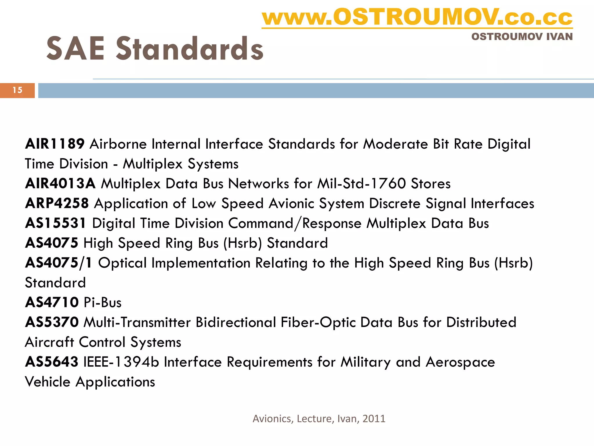 www.OSTROUMOV.co.cc
        SAE Standards
                                                                      OSTROUMOV IVAN




15




     AIR1189 Airborne Internal Interface Standards for Moderate Bit Rate Digital
     Time Division - Multiplex Systems
     AIR4013A Multiplex Data Bus Networks for Mil-Std-1760 Stores
     ARP4258 Application of Low Speed Avionic System Discrete Signal Interfaces
     AS15531 Digital Time Division Command/Response Multiplex Data Bus
     AS4075 High Speed Ring Bus (Hsrb) Standard
     AS4075/1 Optical Implementation Relating to the High Speed Ring Bus (Hsrb)
     Standard
     AS4710 Pi-Bus
     AS5370 Multi-Transmitter Bidirectional Fiber-Optic Data Bus for Distributed
     Aircraft Control Systems
     AS5643 IEEE-1394b Interface Requirements for Military and Aerospace
     Vehicle Applications

                                      Avionics, Lecture, Ivan, 2011
 