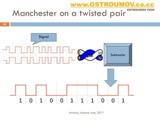 www.OSTROUMOV.co.cc
     Manchester on a twisted pair
                                                                 OSTROUMOV IVAN




44



           Signal



                                                    Subtractor




                    Avionics, Lecture, Ivan, 2011
 