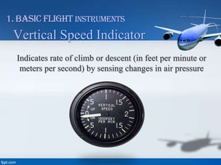 1. Basic Flight Instruments

Vertical Speed Indicator
Indicates rate of climb or descent (in feet per minute or
meters per second) by sensing changes in air pressure

 