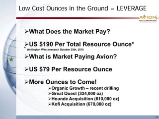 Low Cost Ounces in the Ground = LEVERAGE
19
What Does the Market Pay?
US $190 Per Total Resource Ounce*
* Wellington West research October 25th, 2010
What is Market Paying Avion?
US $79 Per Resource Ounce
More Ounces to Come!
Organic Growth – recent drilling
Great Quest (324,000 oz)
Hounde Acquisition (610,000 oz)
Kofi Acquisition (670,000 oz)
 