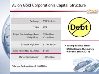 Avion Gold Corporation’s Capital Structure
22
Exchange TSX Venture
Ticker AVR
Shares Outstanding – basic
Fully diluted
370 million
431 million
52-Week High/Low $1.10- $0.39
Recent Price (Nov 23, 2010) $1.08
Market Capitalization ~399million
*Current Cash position of ~$36 Million
Debt
• Strong Balance Sheet
• $18 Million in the money
warrants (May 2011)
 