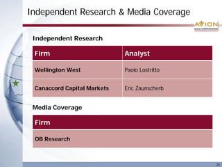 Independent Research & Media Coverage
24
Firm Analyst
Wellington West Paolo Lostritto
Canaccord Capital Markets Eric Zaunscherb
Independent Research
Firm
OB Research
Media Coverage
 