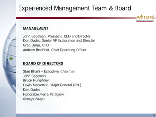 Experienced Management Team & Board
25
MANAGEMENT
John Begeman, President, CEO and Director
Don Dudek, Senior VP Exploration and Director
Greg Duras, CFO
Andrew Bradfield, Chief Operating Officer
BOARD OF DIRECTORS
Stan Bharti – Executive Chairman
John Begeman
Bruce Humphrey
Lewis Mackenzie, Major General (Ret.)
Don Dudek
Honorable Pierre Pettigrew
George Faught
 