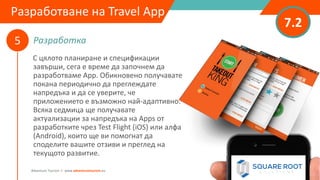 Разработка
7.2
5
Adventure Tourism I www.adventuretourism.eu
Developing a Travel App
С цялото планиране и спецификации
завърши, сега е време да започнем да
разработваме App. Обикновено получавате
покана периодично да преглеждате
напредъка и да се уверите, че
приложението е възможно най-адаптивно.
Всяка седмица ще получавате
актуализации за напредъка на Apps от
разработките чрез Test Flight (iOS) или алфа
(Android), които ще ви помогнат да
споделите вашите отзиви и преглед на
текущото развитие.
Разработване на Travel App
 
