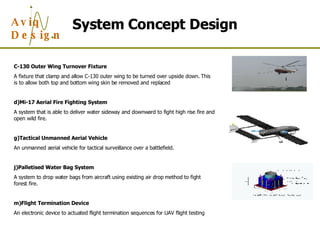 System Concept Design C-130 Outer Wing Turnover Fixture A fixture that clamp and allow C-130 outer wing to be turned over upside down. This is to allow both top and bottom wing skin be removed and replaced Mi-17 Aerial Fire Fighting System A system that is able to deliver water sideway and downward to fight high rise fire and open wild fire. Tactical Unmanned Aerial Vehicle An unmanned aerial vehicle for tactical surveillance over a battlefield. Palletised Water Bag System A system to drop water bags from aircraft using existing air drop method to fight forest fire. Flight Termination Device An electronic device to actuated flight termination sequences for UAV flight testing 