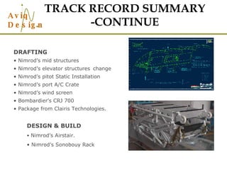TRACK RECORD SUMMARY -CONTINUE DRAFTING Nimrod’s mid structures  Nimrod’s elevator structures  change Nimrod’s pitot Static Installation Nimrod’s port A/C Crate Nimrod’s wind screen Bombardier’s CRJ 700 Package from Clairis Technologies. DESIGN & BUILD Nimrod’s Airstair. Nimrod’s Sonobouy Rack  