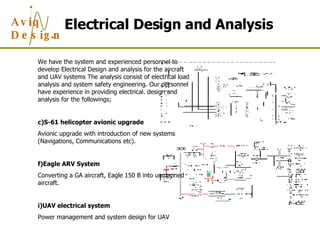 Electrical Design and Analysis We have the system and experienced personnel to develop Electrical Design and analysis for the aircraft and UAV systems The analysis consist of electrical load analysis and system safety engineering. Our personnel have experience in providing electrical. design and analysis for the followings; S-61 helicopter avionic upgrade Avionic upgrade with introduction of new systems (Navigations, Communications etc). Eagle ARV System Converting a GA aircraft, Eagle 150 B into unmanned aircraft. UAV electrical system Power management and system design for UAV 