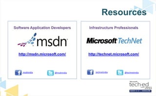 Resources
Software Application Developers    Infrastructure Professionals




  http://msdn.microsoft.com/       http://technet.microsoft.com/



     msdnindia        @msdnindia       technetindia    @technetindia
 