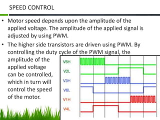 SPEED CONTROL
• Motor speed depends upon the amplitude of the
applied voltage. The amplitude of the applied signal is
adjusted by using PWM.
• The higher side transistors are driven using PWM. By
controlling the duty cycle of the PWM signal, the
amplitude of the
applied voltage
can be controlled,
which in turn will
control the speed
of the motor.
 