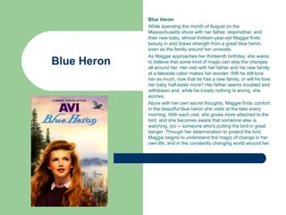 Blue Heron
             While spending the month of August on the
             Massachusetts shore with her father, stepmother, and
             their new baby, almost thirteen-year-old Maggie finds
             beauty in and draws strength from a great blue heron,
             even as the family around her unravels.
             As Maggie approaches her thirteenth birthday, she wants
Blue Heron   to believe that some kind of magic can stop the changes
             all around her. Her visit with her father and his new family
             at a lakeside cabin makes her wonder. Will he still love
             her as much, now that he has a new family, or will he love
             her baby half-sister more? Her father seems troubled and
             withdrawn and, while he insists nothing is wrong, she
             worries.
             Alone with her own secret thoughts, Maggie finds comfort
             in the beautiful blue heron she visits at the lake every
             morning. With each visit, she grows more attached to the
             bird, and she becomes aware that someone else is
             watching, too -- someone who's putting the bird in great
             danger. Through her determination to protect the bird,
             Maggie begins to understand the magic of change in her
             own life, and in the constantly changing world around her.
 