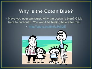 o How the ocean affects our climate?
o What lives beneath the waves?
o How ocean currents seem to just go with the flow?
o Check out this amazing page and learn all there is to
know about all of these questions and more!
o http://seawifs.gsfc.nasa.gov/OCEAN_PLANET/HTML/oc
ean_planet_ocean_science.html
 