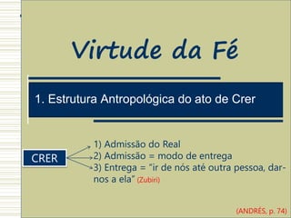 1. Estrutura Antropológica do ato de Crer
1. Estrutura Antropológica do ato de Crer
Virtude da Fé
1) Admissão do Real
2) Admissão = modo de entrega
3) Entrega = “ir de nós até outra pessoa, dar-
nos a ela” (Zubiri)
CRER
(ANDRÉS, p. 74)
 