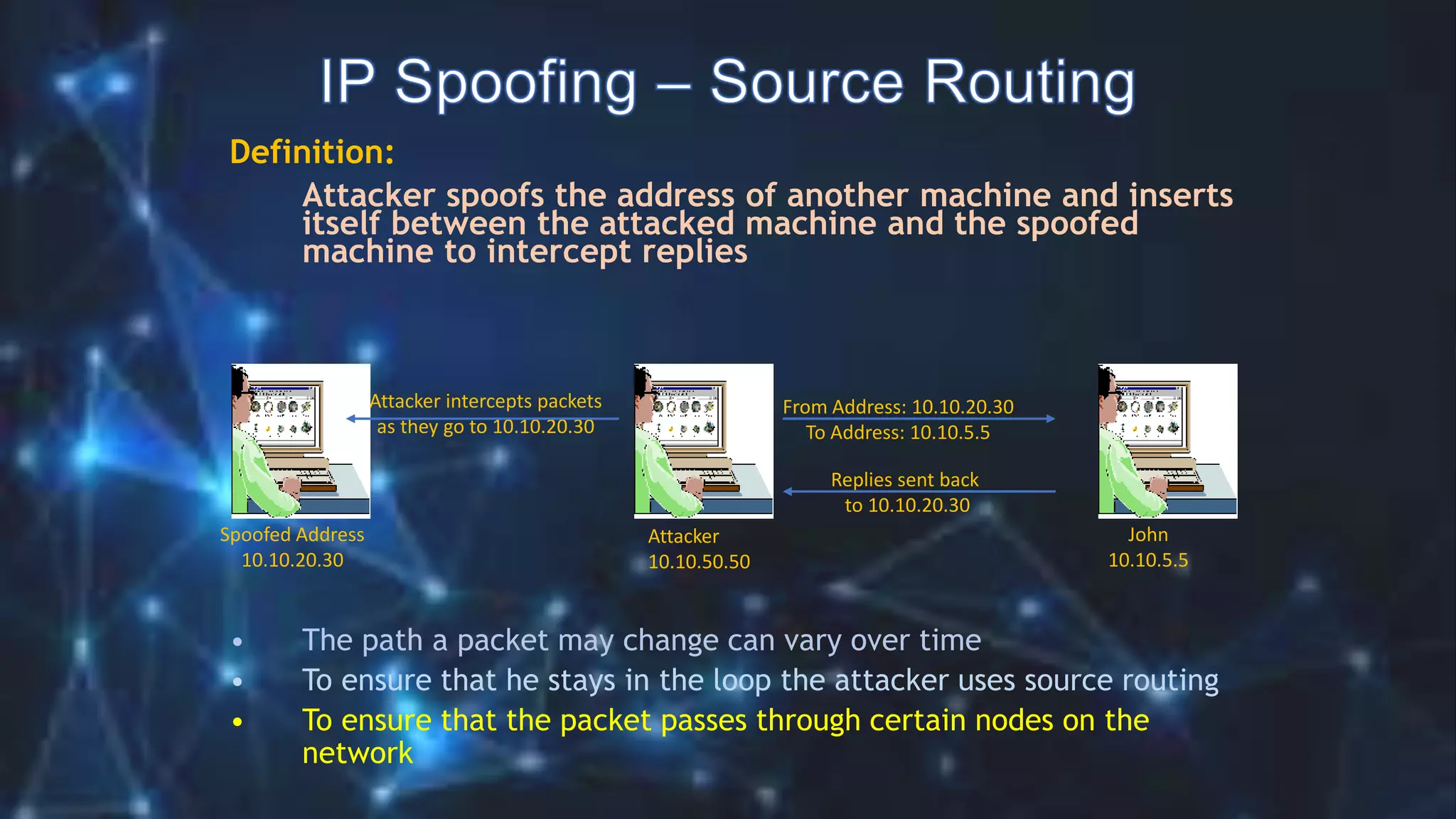 Definition:
Attacker spoofs the address of another machine and inserts
itself between the attacked machine and the spoofed
machine to intercept replies
Replies sent back
to 10.10.20.30
Spoofed Address
10.10.20.30
Attacker
10.10.50.50
John
10.10.5.5
From Address: 10.10.20.30
To Address: 10.10.5.5
• The path a packet may change can vary over time
• To ensure that he stays in the loop the attacker uses source routing
• To ensure that the packet passes through certain nodes on the
network
Attacker intercepts packets
as they go to 10.10.20.30
 