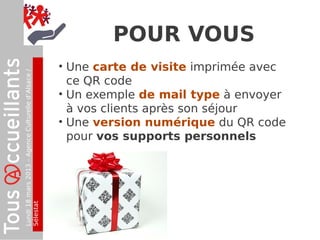 POUR VOUS
                                                    • Une carte de visite imprimée avec
Lundi 18 mars 2013 – Agence Culturelle d’Alsace /




                                                      ce QR code
                                                    • Un exemple de mail type à envoyer
                                                      à vos clients après son séjour
                                                    • Une version numérique du QR code
                                                      pour vos supports personnels
Sélestat
 