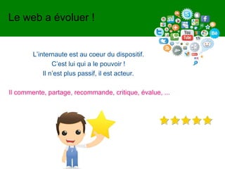 L’internaute est au coeur du dispositif.
C’est lui qui a le pouvoir !
Il n’est plus passif, il est acteur.
Il commente, partage, recommande, critique, évalue, ...
Le web a évoluer !
 
