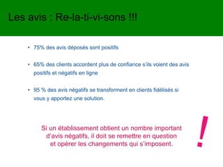 • 75% des avis déposés sont positifs
• 65% des clients accordent plus de confiance s’ils voient des avis
positifs et négatifs en ligne
• 95 % des avis négatifs se transforment en clients fidélisés si
vous y apportez une solution.
Si un établissement obtient un nombre important
d’avis négatifs, il doit se remettre en question
et opérer les changements qui s’imposent.
Les avis : Re-la-ti-vi-sons !!!
 