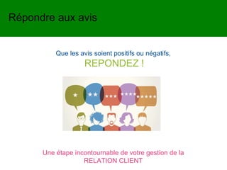 Que les avis soient positifs ou négatifs,
REPONDEZ !
Une étape incontournable de votre gestion de la
RELATION CLIENT
Répondre aux avis
 