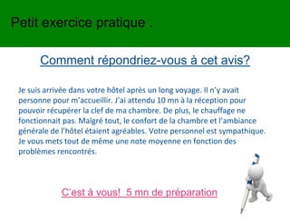 Comment répondriez-vous à cet avis?
Je suis arrivée dans votre hôtel après un long voyage. Il n’y avait
personne pour m’accueillir. J’ai attendu 10 mn à la réception pour
pouvoir récupérer la clef de ma chambre. De plus, le chauffage ne
fonctionnait pas. Malgré tout, le confort de la chambre et l’ambiance
générale de l’hôtel étaient agréables. Votre personnel est sympathique.
Je vous mets tout de même une note moyenne en fonction des
problèmes rencontrés.
C’est à vous! 5 mn de préparation
Petit exercice pratique .
 