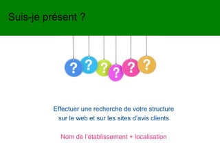 Effectuer une recherche de votre structure
sur le web et sur les sites d’avis clients
Nom de l’établissement + localisation
Suis-je présent ?
 