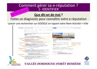 Que dit-on de moi ?
Faites un diagnostic pour connaître votre e-réputation
Lancer une rechercher sur GOOGLE en tapant votre Nom Activité + Ville
VALLÉE DORDOGNE-FORÊT BESSÈDE
Comment gérer sa e-réputation ?
1- IDENTIFIER
ÀÀ vous de jouer
vous de jouer
 