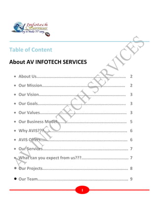 Table of Content
About AV INFOTECH SERVICES

   About Us........................................................................ 2
   Our Mission...................................................................   2
   Our Vision...................................................................... 3
   Our Goals....................................................................... 3
   Our Values...................................................................... 3
   Our Business Model........................................................ 5
   Why AVIS???................................................................... 6
   AVIS Offers...................................................................... 6
   Our Services..................................................................... 7
   What can you expect from us???...................................... 7

   Our Projects..................................................................... 8

   Our Team......................................................................... 9

                                                 1
 