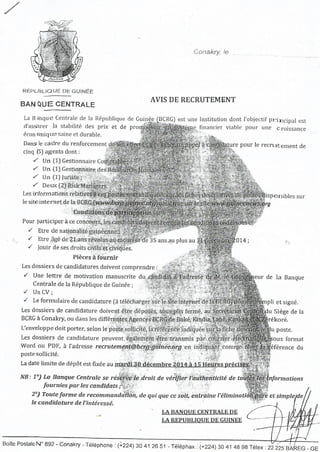 Avis de recrutement de la Banque centrale de Guinée (BCRG)