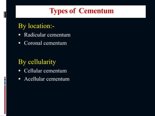 Types of Cementum
By location:-
 Radicular cementum
 Coronal cementum
By cellularity
 Cellular cementum
 Acellular cementum
 
