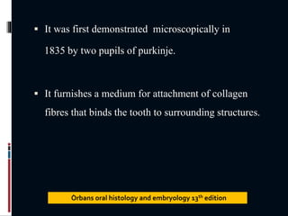  It was first demonstrated microscopically in
1835 by two pupils of purkinje.
 It furnishes a medium for attachment of collagen
fibres that binds the tooth to surrounding structures.
Òrbans oral histology and embryology 13th edition
 